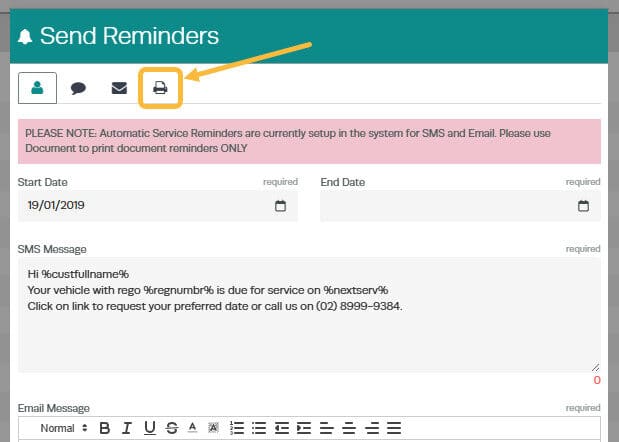 Workshop Software document reminders showing ’ document ’