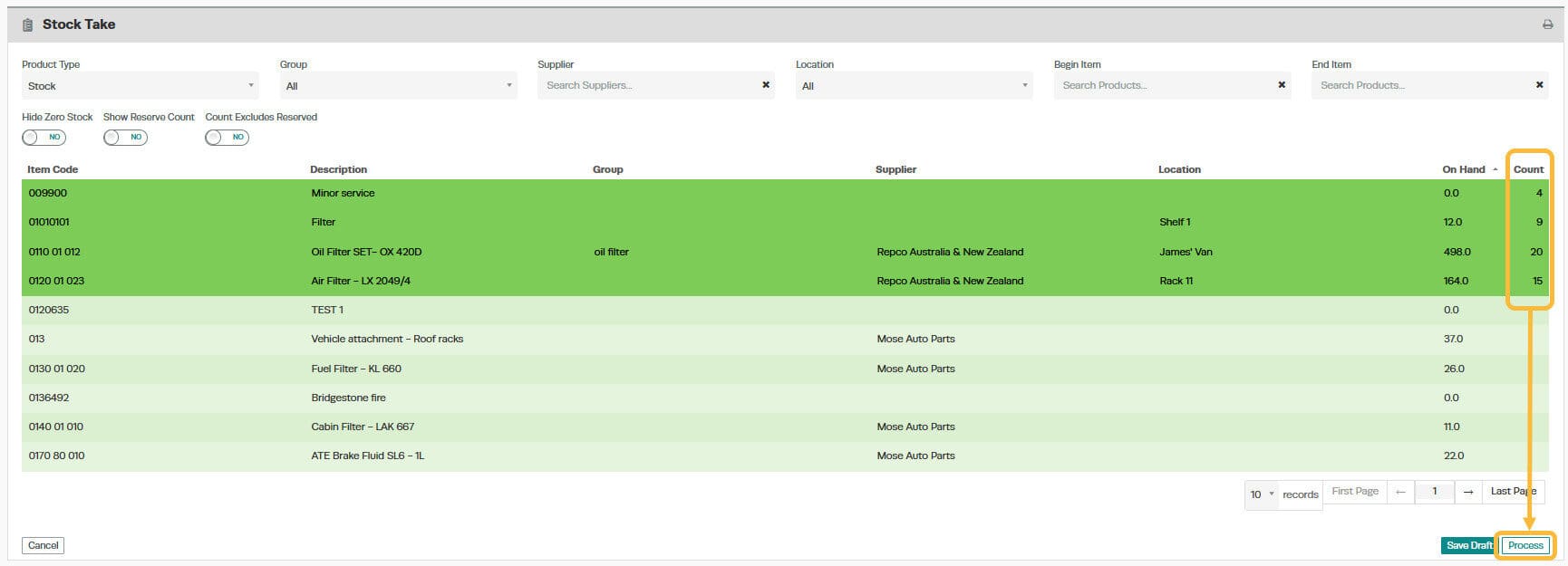 Workshop Software screen showing when you have completed the stock take, click on the ‘process’ icon at the bo…