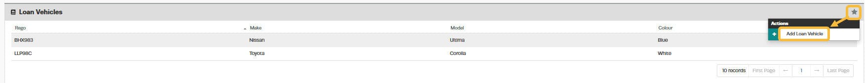 Workshop Software loan car diary set up showing action menu ’ star ’ on the right -hand side of the vehicle then click on …