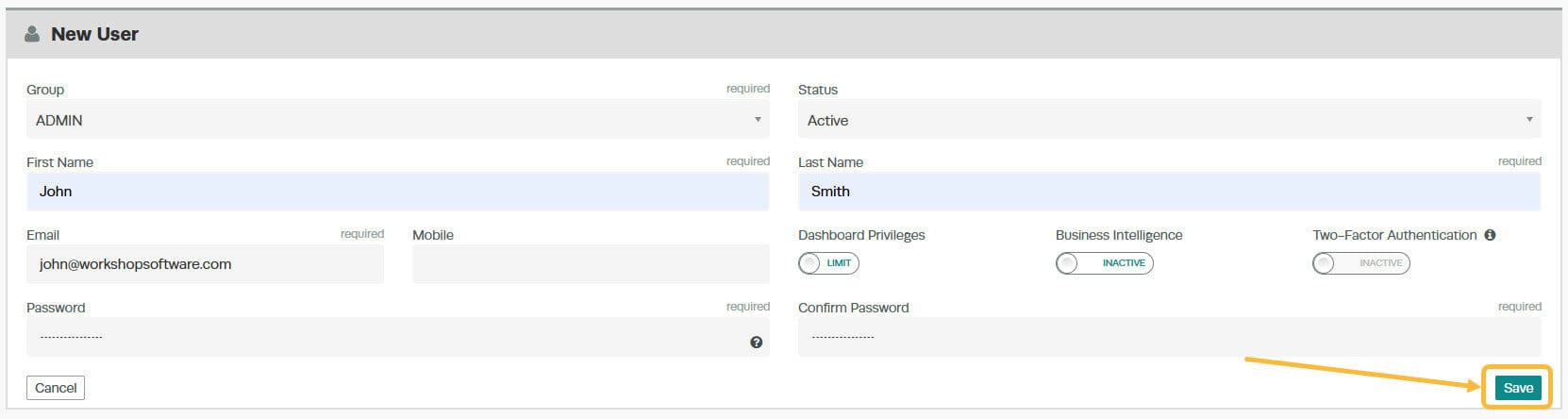 New user form with name, email, role, two-factor authentication and password fields