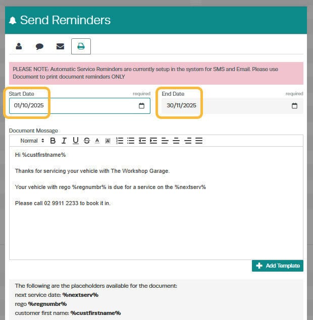 Workshop Software document reminders showing dates for when you would like the document reminders to print from