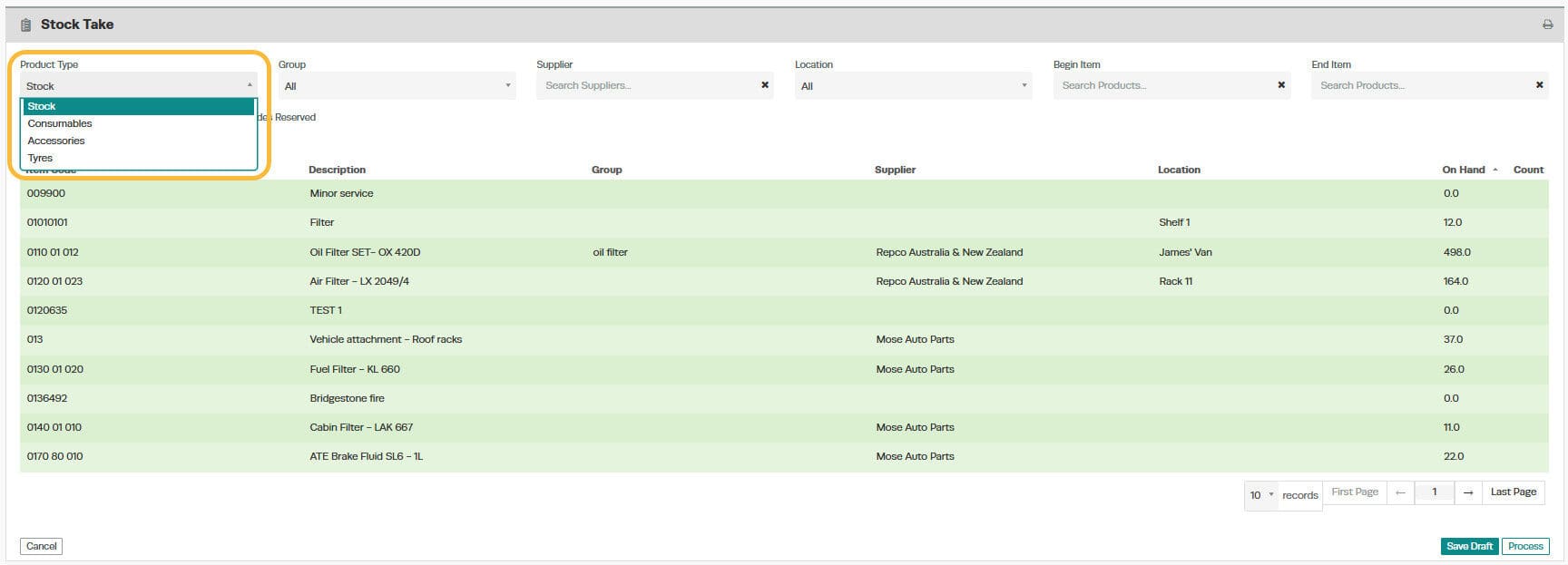 Workshop Software screen showing if you only want to stock take a particular product type then you are able to…