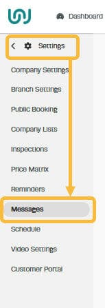 Workshop Software create your loan vehicle terms and conditions showing ’ settings ’ then click on ’ messages ’