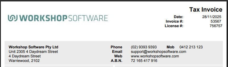 Workshop Software screen showing your company letterhead will now show in the top left of customer invoices