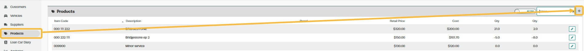 Workshop Software attaching a loan vehicle to a customer invoice showing ’ products ’ then click on the ’ + ’