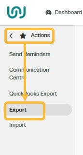 Workshop Software export data showing ‘actions’ from the menu on the left side of the page, followed by ‘export’