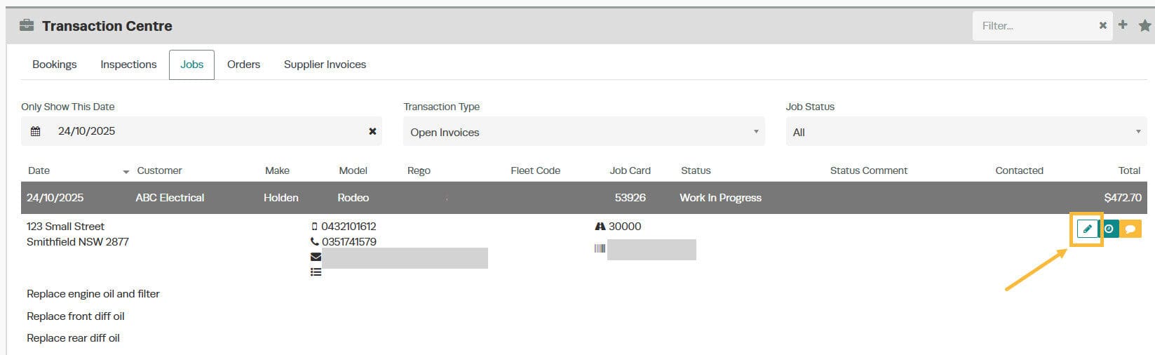 Customer job list showing pencil edit icon to open an existing invoice