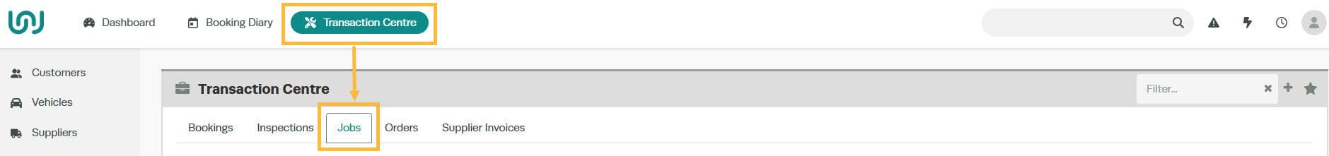 Transaction Centre option in Workshop Software left navigation menu