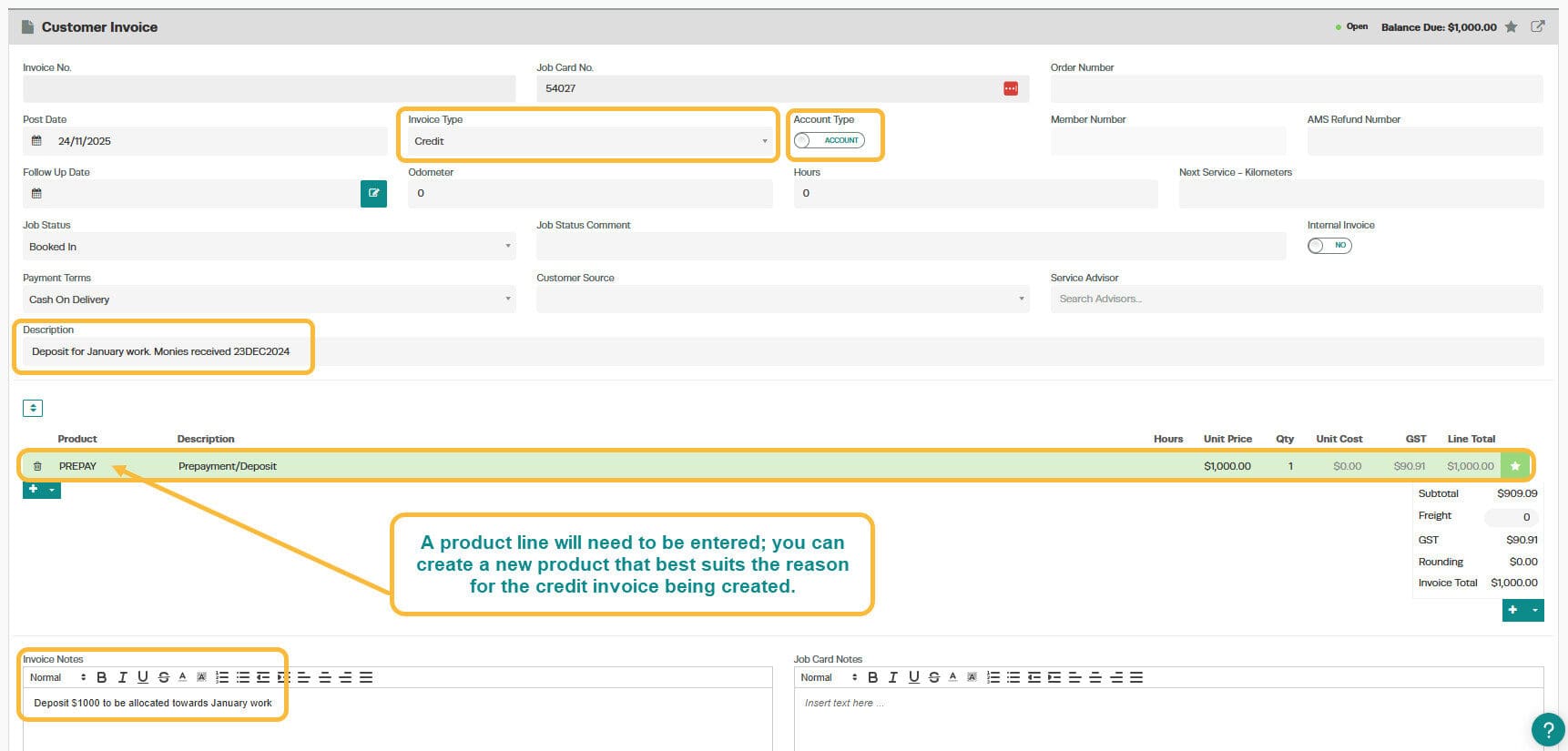Workshop Software how to record a customer credit showing product number/ if for overpayment create a product called overp…