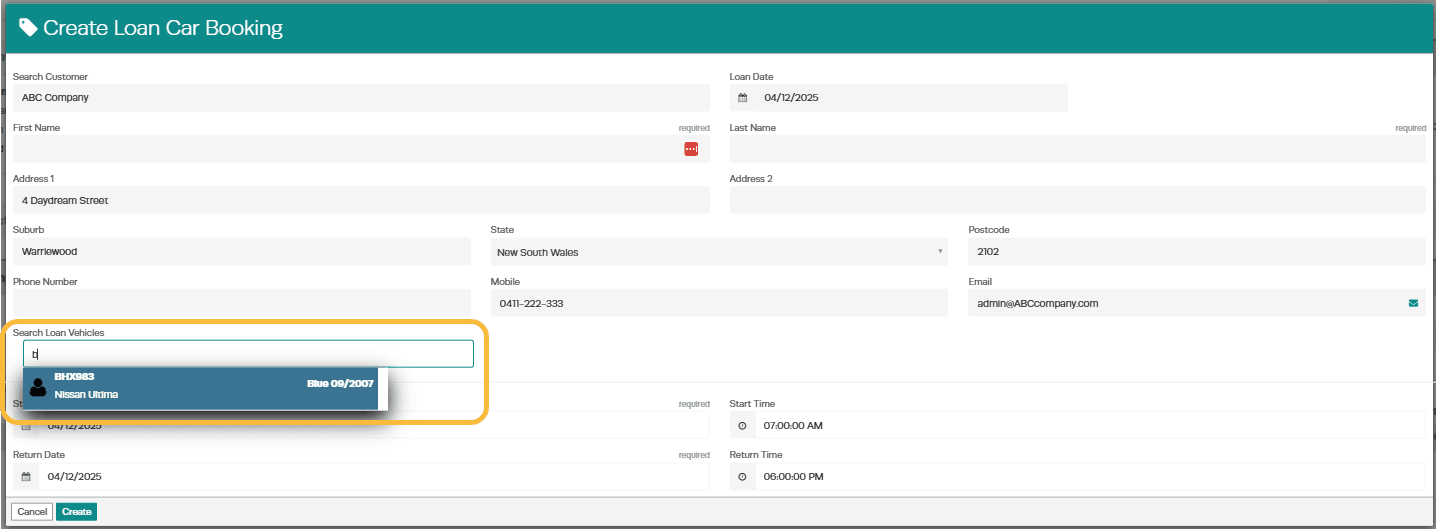 Workshop Software screen showing start typing the rego number in the ’ search loan vehicles ’