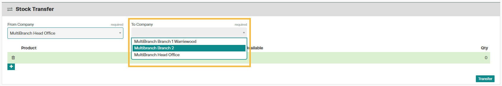 Workshop Software multi-branch transferring stock showing branch to which you want to transfer stock in the “to company” f…