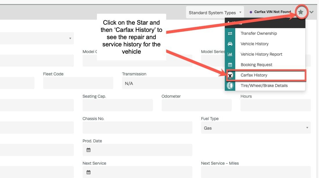 Workshop Software screen showing you can also view the complete carfax vehicle history by clicking the star bu…