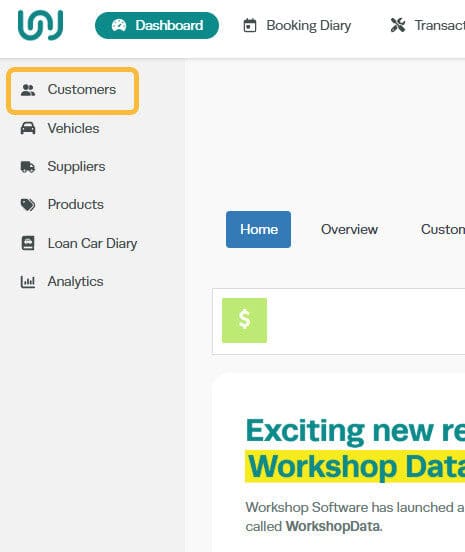 Workshop Software create a customer and add a vehicle to their profile showing ‘customers’ from the left hand navigation m…