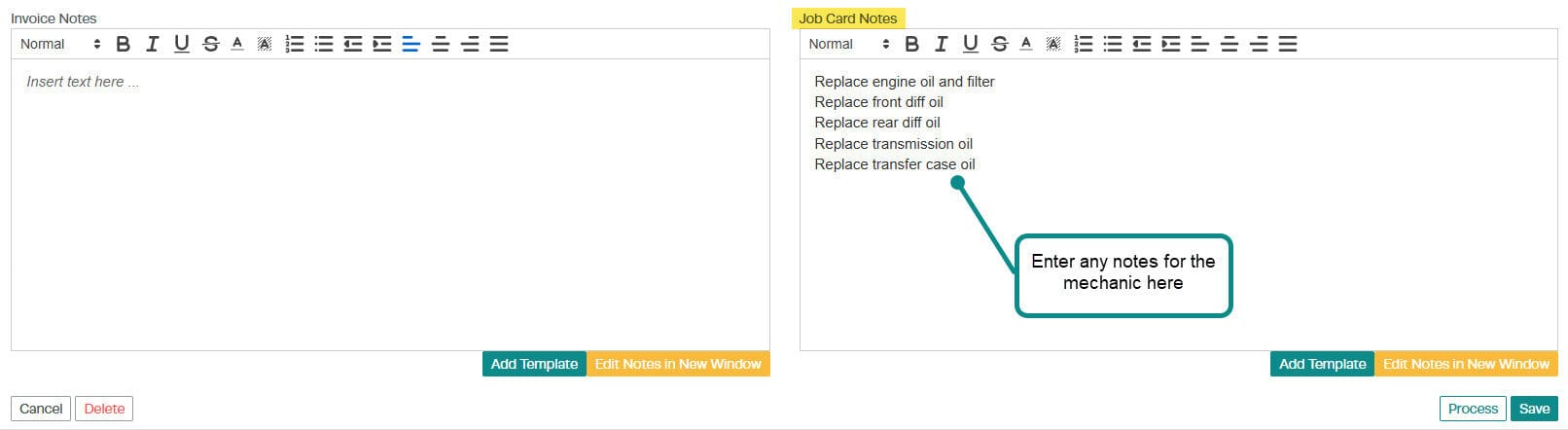Job Card Notes text field at the bottom right of the invoice page