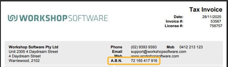 Workshop Software screen showing your abn will now show at the top of all customer invoices