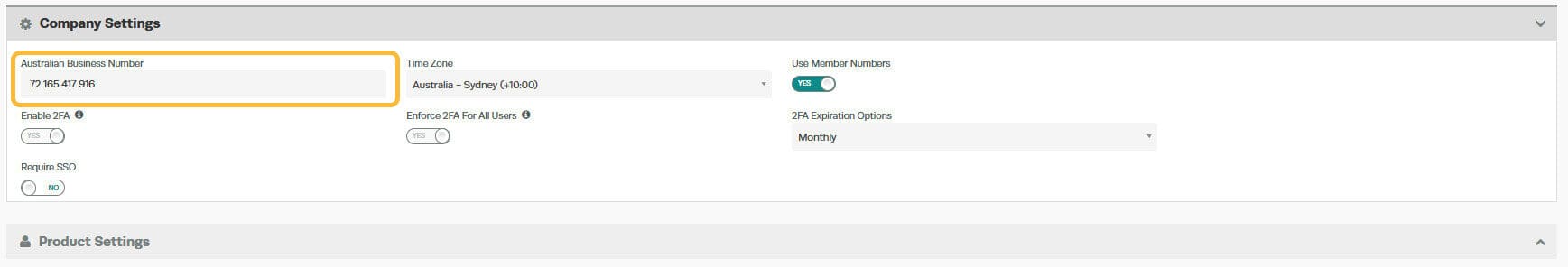 Workshop Software screen showing under the heading ‘company settings’ , enter your abn into the australian bus…