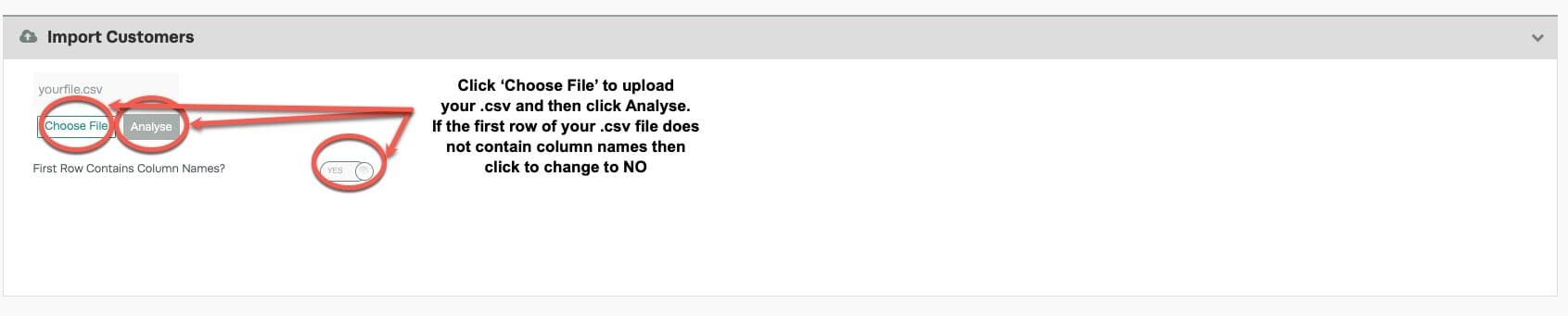 Workshop Software screen showing if the first row of your file does not contain column names, then change yes …