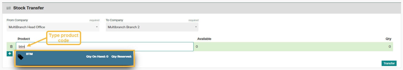 Workshop Software multi-branch transferring stock showing stock item you wish to transfer