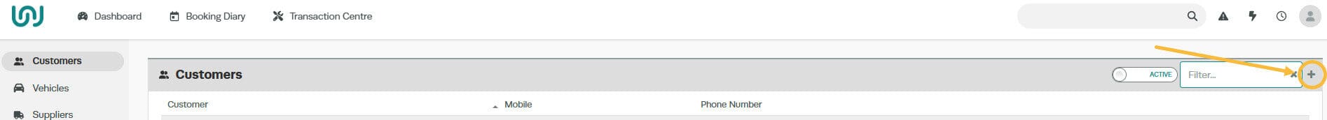 Workshop Software create a customer and add a vehicle to their profile showing ‘+’ icon at the far right corner of the blu…