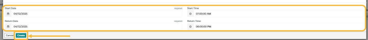 Workshop Software create a loan car booking showing ’ start date/time ’ and ’ return date/time ’ and click ’ create ’