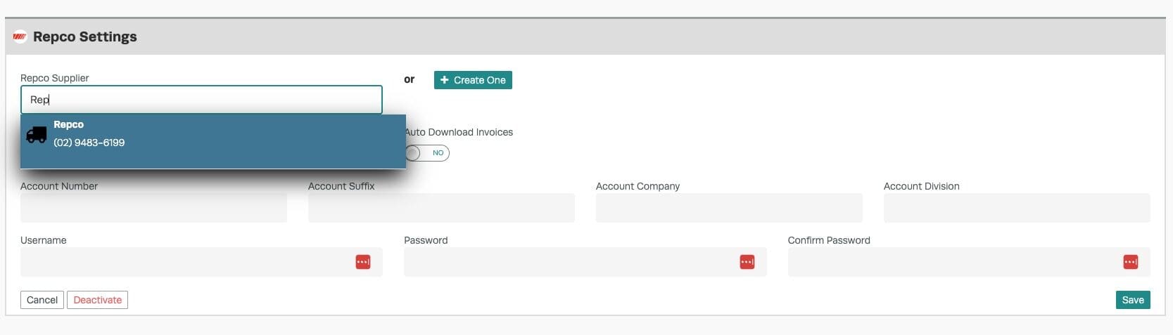 Workshop Software screen showing make sure to choose your repco supplier from your already existing supplier i…