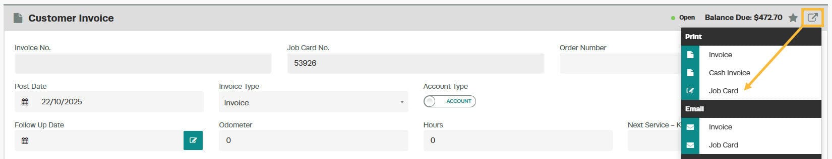 Pop-out icon dropdown menu with Print Job Card option highlighted