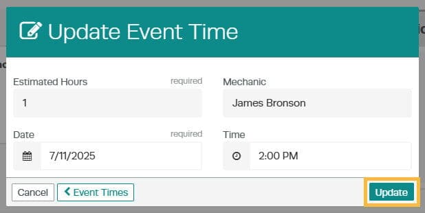 Completed Event Time editor with mechanic assigned and start time set