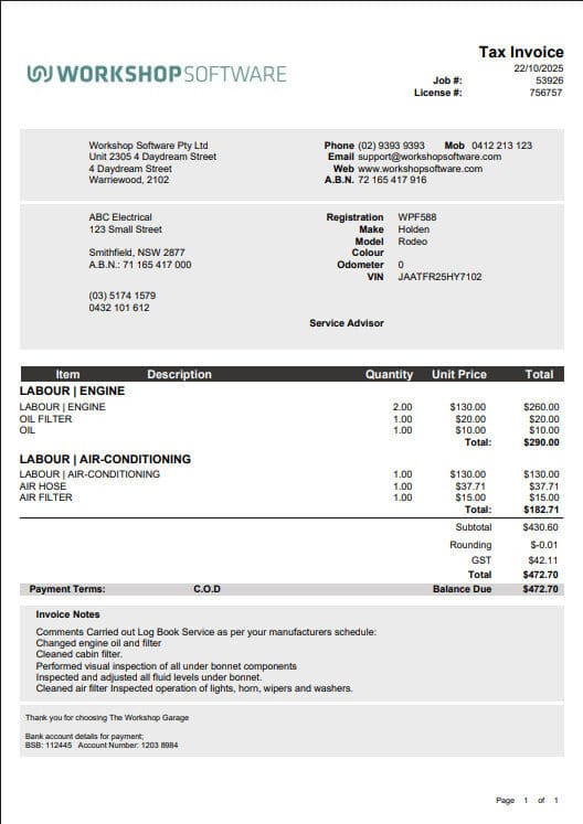 Workshop Software screen showing this invoice format will always insert the labour product as the top heading,…