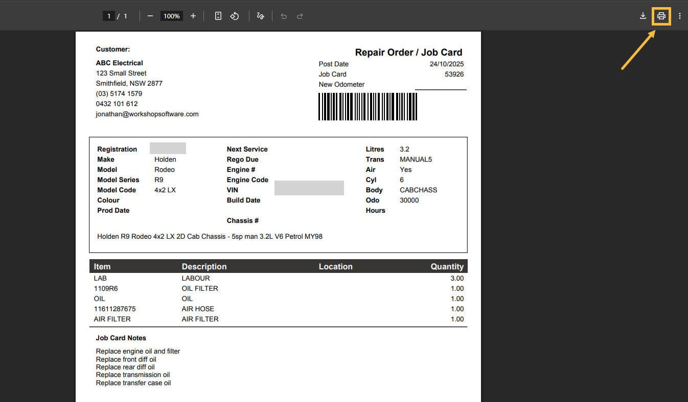 Job card generated from Booking Diary entry showing booking details