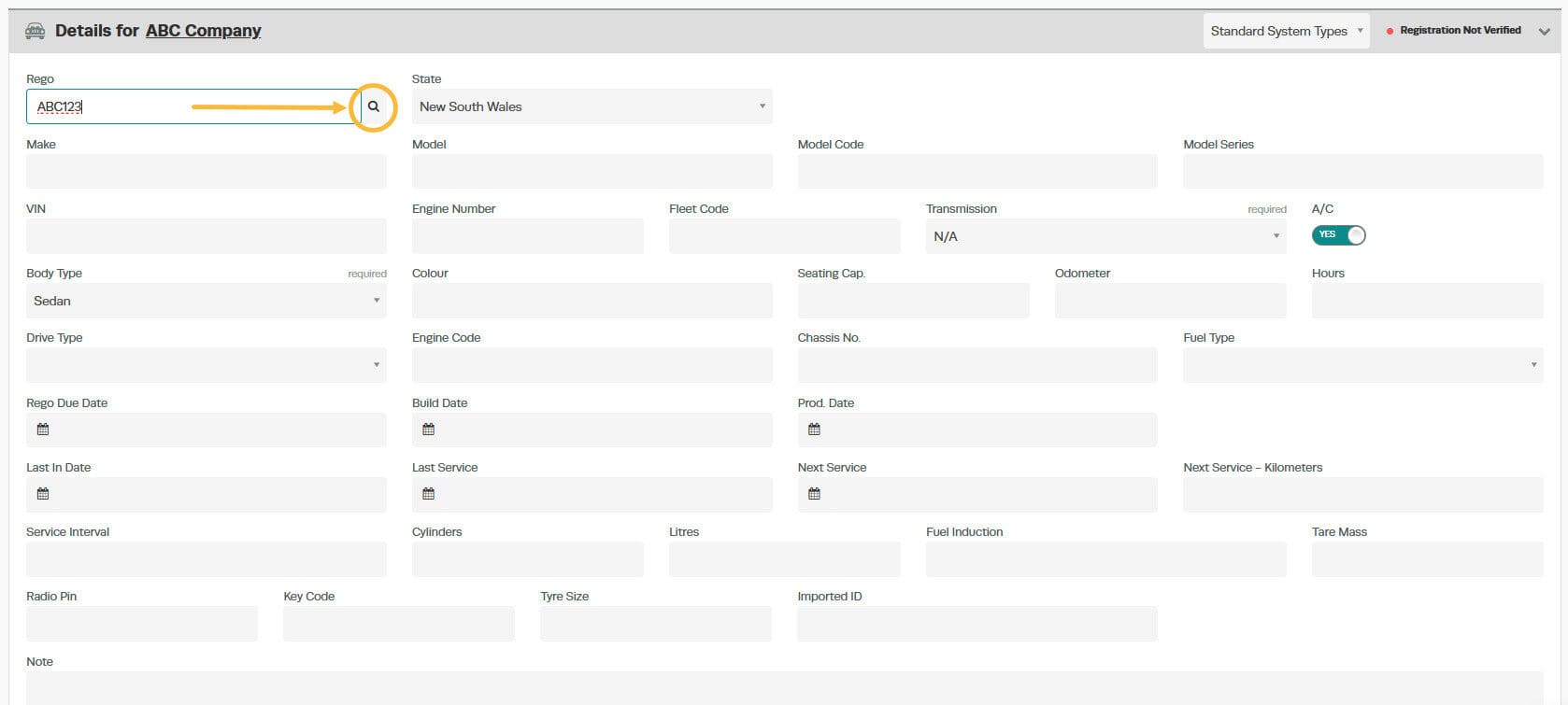 Workshop Software screen showing to use the registration lookup feature simply enter the plate number then cli…