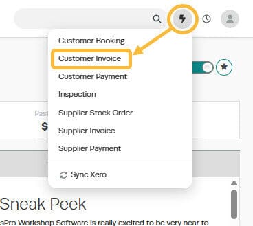 Workshop Software screen showing start the customer invoice click on the ’ lightning bolt ’ icon in the top ri…