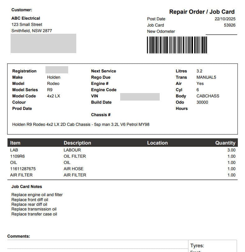 Print job card preview window showing formatted job card ready to print