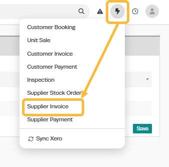 Workshop Software how to acquire units showing ’ + ’ icon at the top right of the page and select ’ supplier invoice ’ fro…