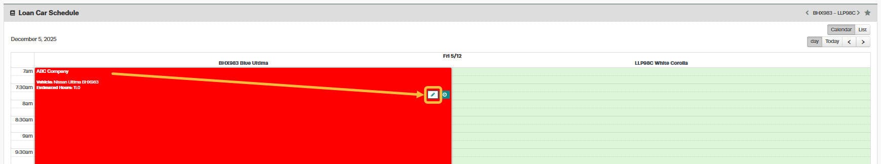 Workshop Software starting a loan car booking showing ’ pencil ’ icon if you wish to modify the loan car booking