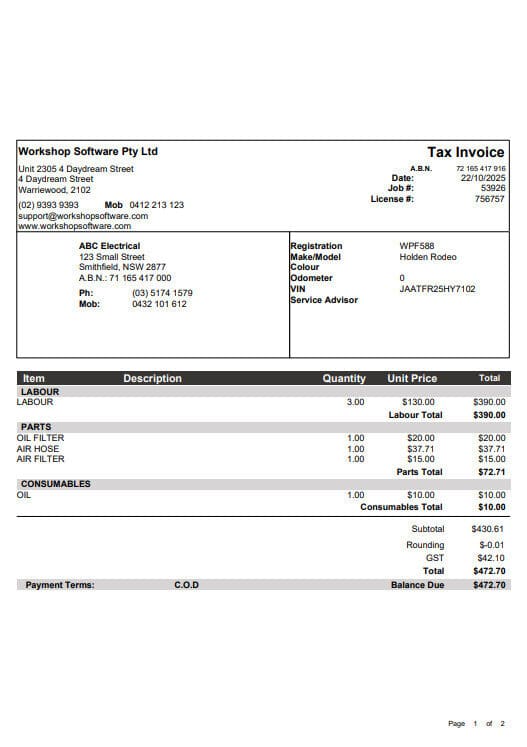 Workshop Software screen showing this invoice template will allow for pre-printed paper as well as keeping the…