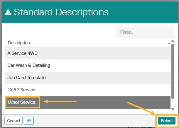 To enter the template on a job card: screenshot 7