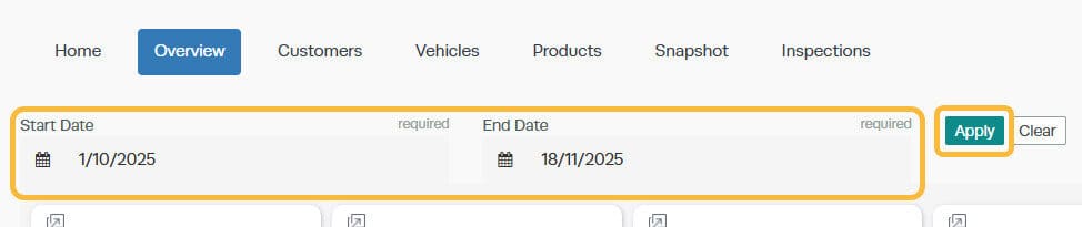Workshop Software screen showing you can adjust all information to display for a particular date period of you…
