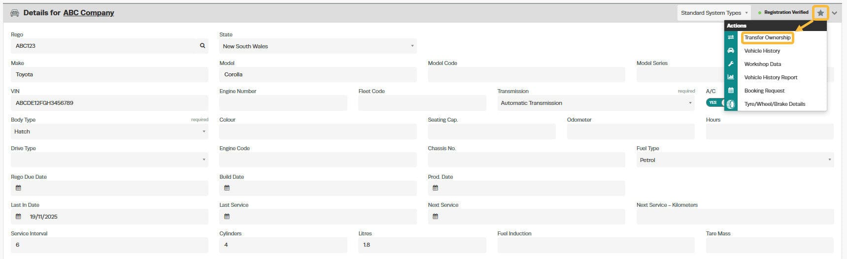 Workshop Software transfer vehicle ownership showing ’ star’ icon at the top right of the screen and then select ’transfer…