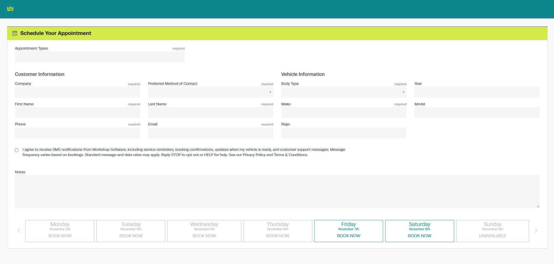 Workshop Software screen showing this is the same url you can embed behind a “request appointment” button on y…