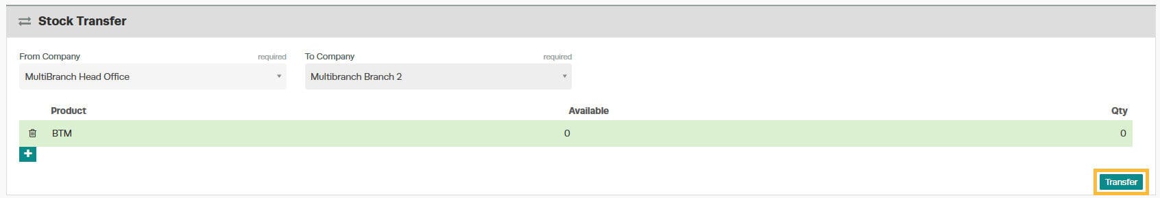 Workshop Software multi-branch transferring stock showing “transfer” green button to complete the process