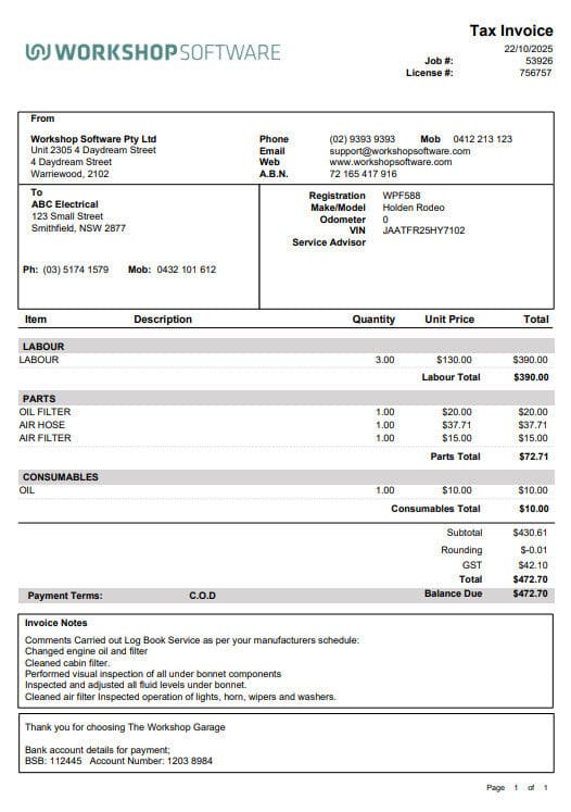 Workshop Software what are the invoice formats showing original