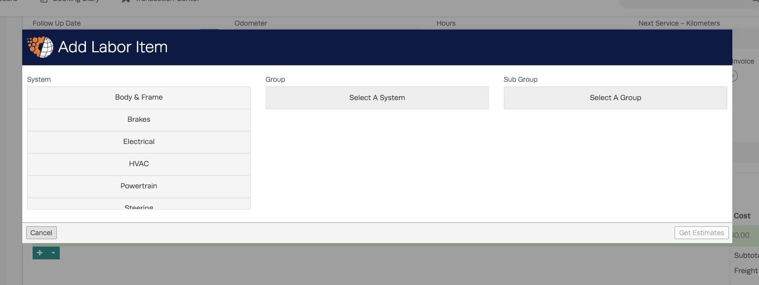 Workshop Software partstech labor guides integration showing ‘add partstech labor’