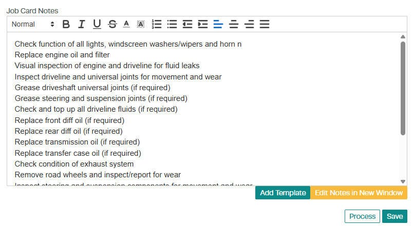 To enter the template on a job card: screenshot 8