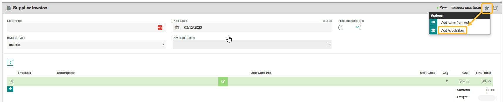 Workshop Software how to acquire units showing ’ star action ’ button and select ’ add acquisition ’ from the drop down menu