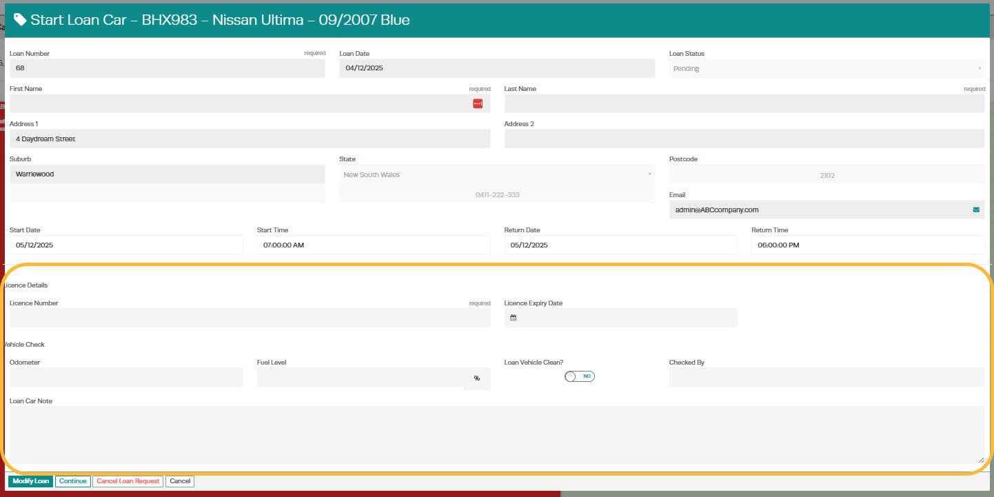 Workshop Software screen showing their licence number licence expiry date odometer fuel level if the loan vehi…