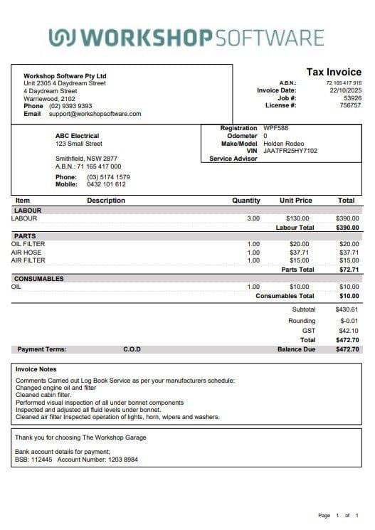 Workshop Software screen showing this template stretches the workshops logo across the top of the invoice