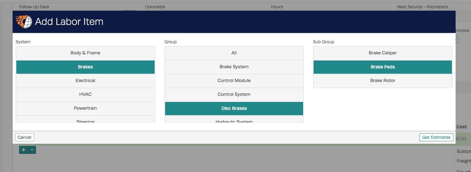 Workshop Software screen showing once you have selected the labor you are wanting simply press ‘get estimates’