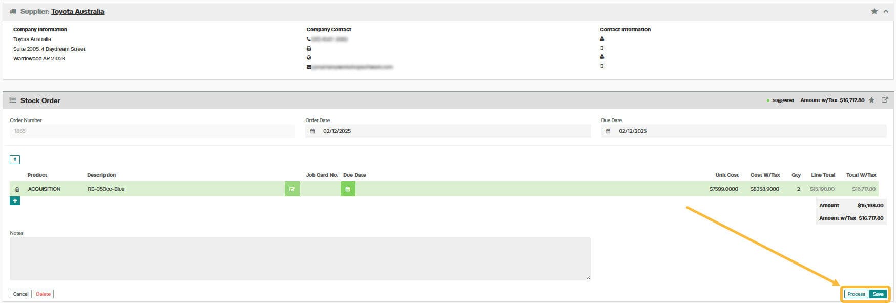 Workshop Software screen showing if you no longer need to add any other units to this order, then click ’ save…