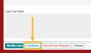 Workshop Software starting a loan car booking showing ’ continue ’