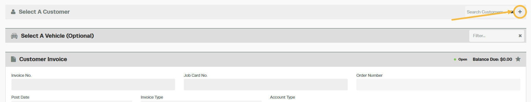 Workshop Software platinum multi-branch - add a customer from another branch showing ‘+’ to add a new customer
